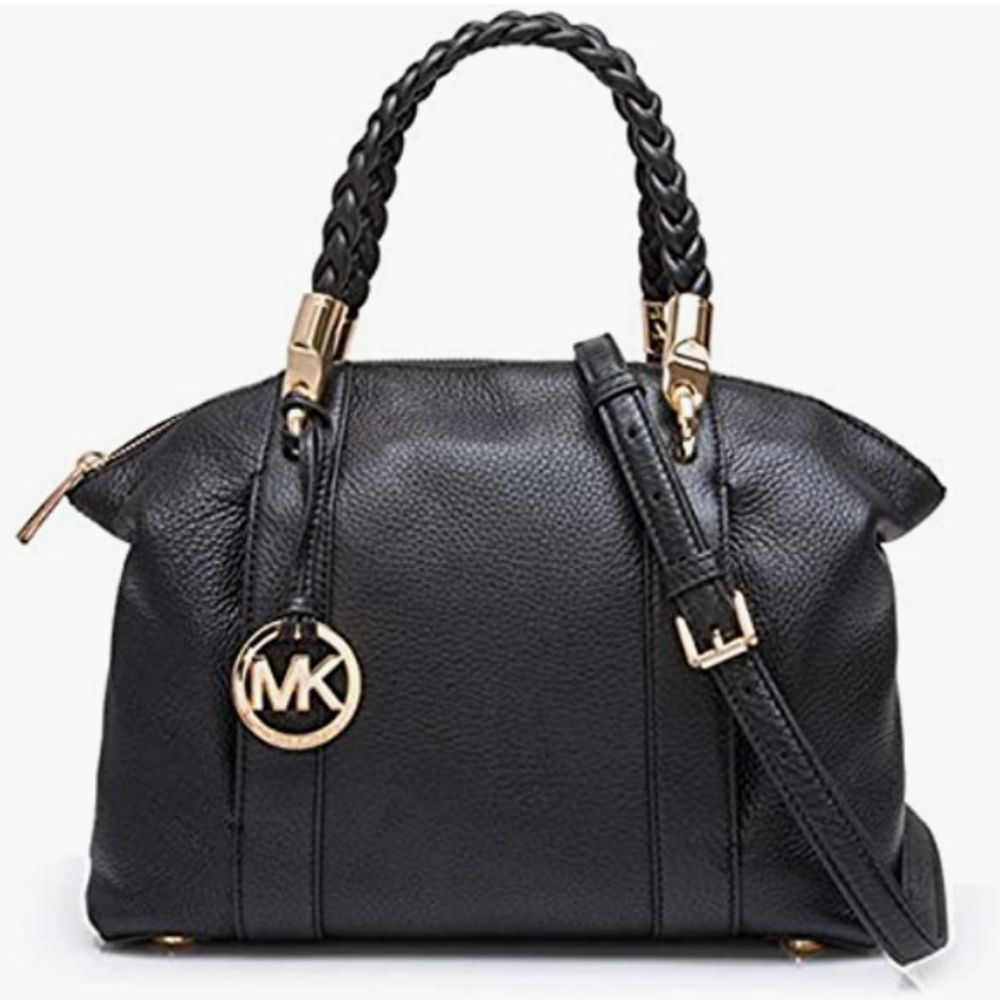 MICHAEL KORS Naomi Medium Bowling Satchel Crossbody Pebbled Leather Black